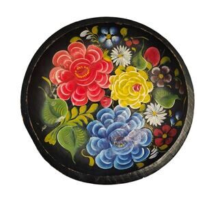 Mid 20th Century Vintage Floral Mexican Batea Wooden Tray Bowl 12” Painted